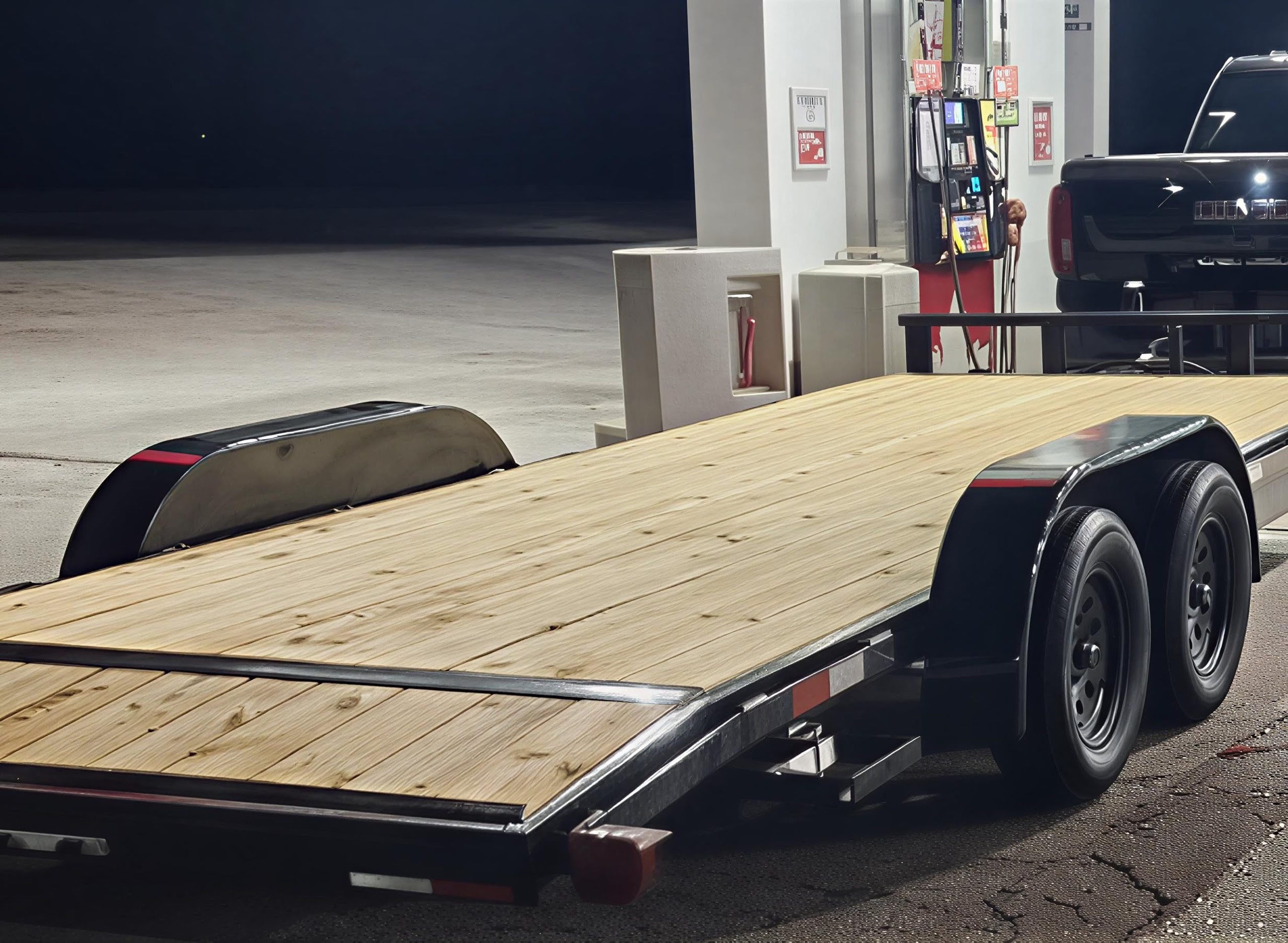 Flatbed trailer at gas station at night.