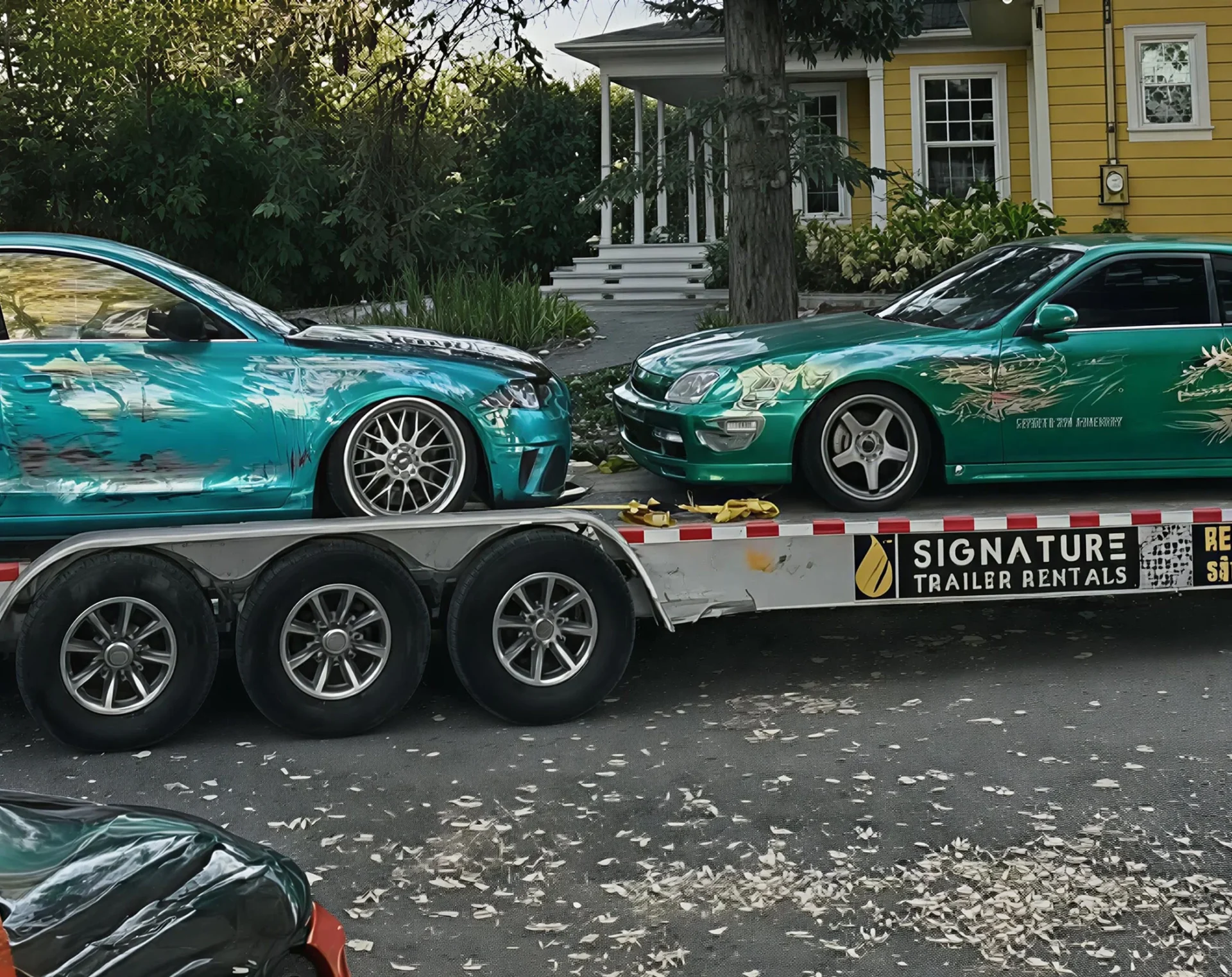 Two green sports cars on a trailer.